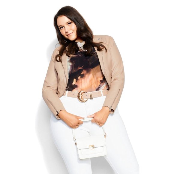 City Chic Faux Leather Crop Biker Jacket Taupe Plus Size - Picture 1 of 13
